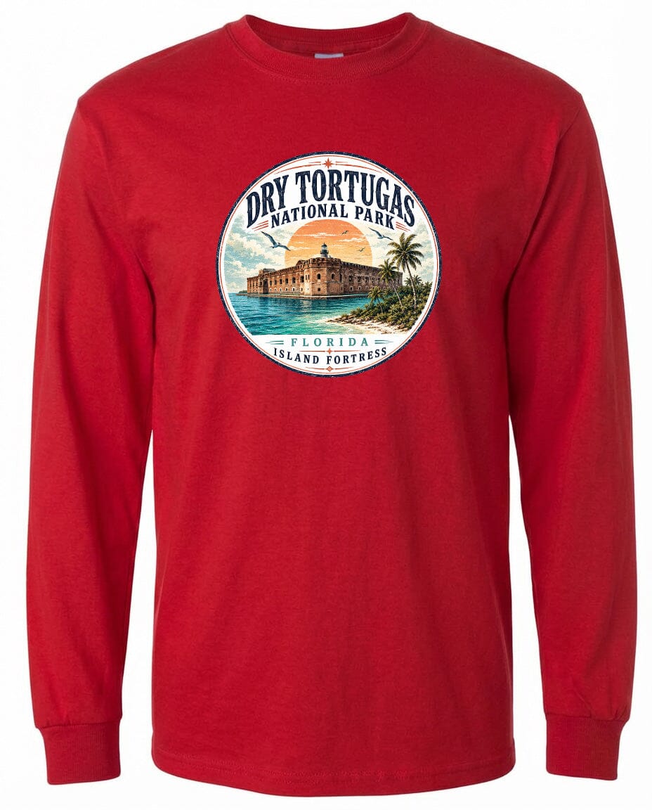 A red long-sleeved t-shirt with a circular graphic design featuring a building and palm trees, along with the text "Dry Tortugas National Park, Florida Island and Fortress".