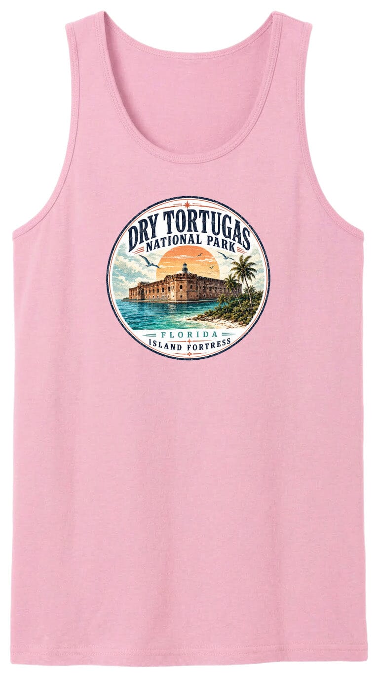 A pink tank top with a circular design featuring a tropical island and a building, along with the text "Dry Tortugas National Park, Florida Island Fortress".