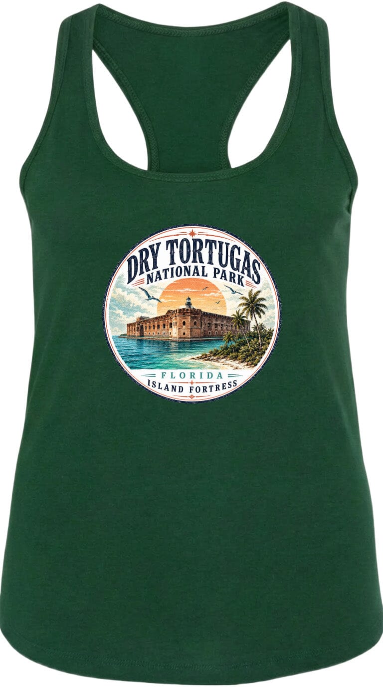 A green tank top with a circular graphic design featuring a building and palm trees, along with the text "Dry Tortugas National Park, Florida Island Fortress".