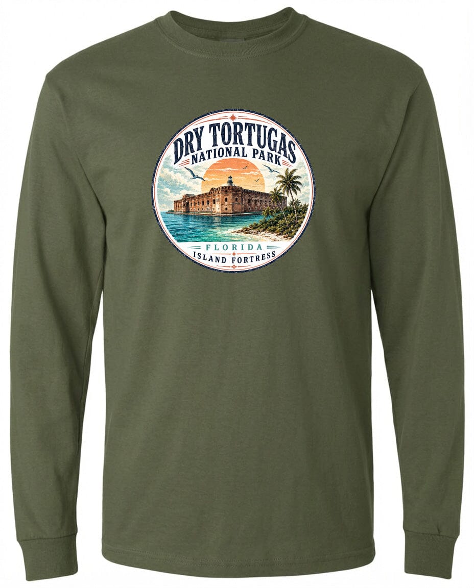 A circular graphic on a green long-sleeved shirt, depicting a tropical island with a building and palm trees.