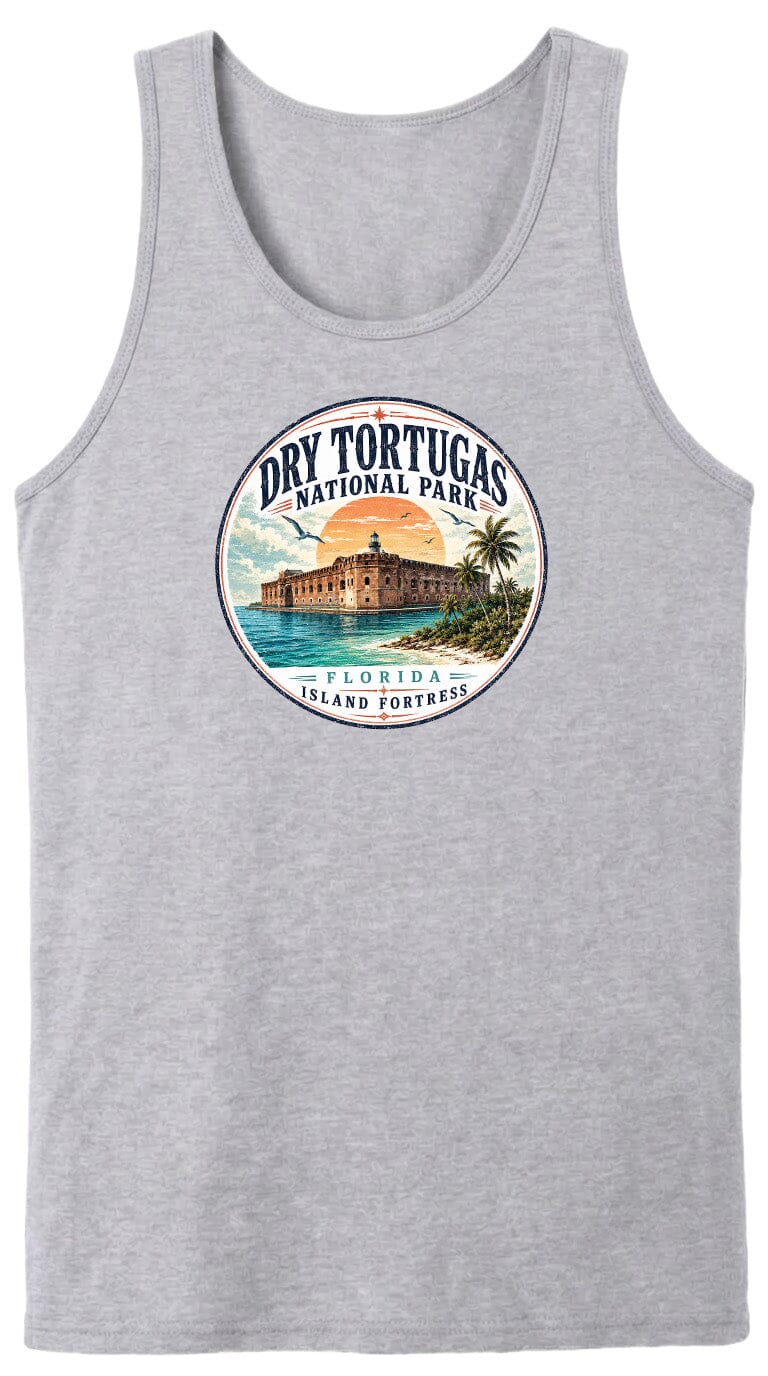 A gray tank top with a circular design featuring a tropical island and a building, along with the text "Dry Tortugas National Park, Florida Island Fortress".