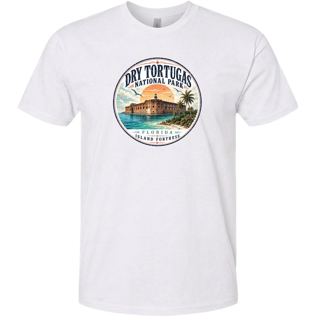 A white t-shirt with a circular graphic design featuring a tropical beach scene with a building and palm trees.