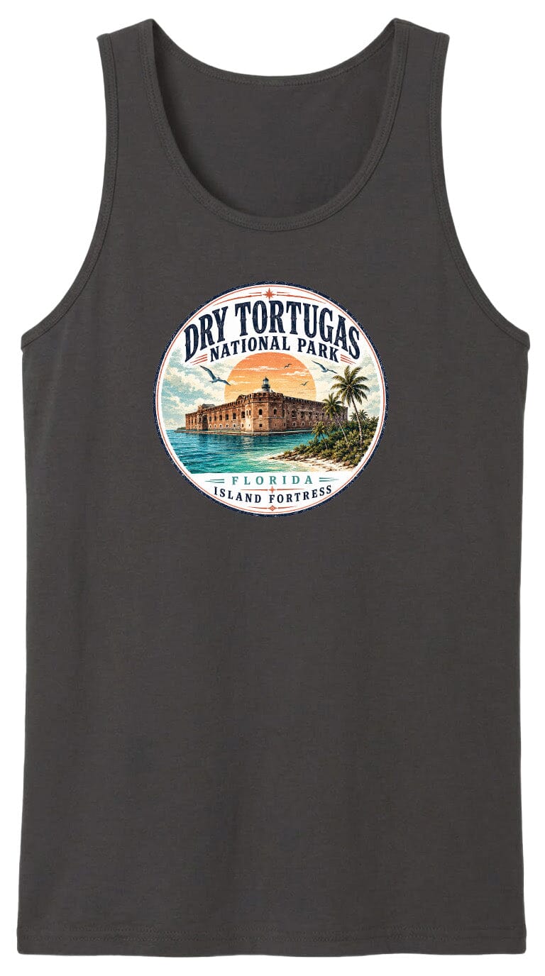 A graphic design on a black tank top featuring a circular emblem with a tropical island landscape and a building, surrounded by text that reads "Dry Tortugas National Park, Florida Island Fortresses".