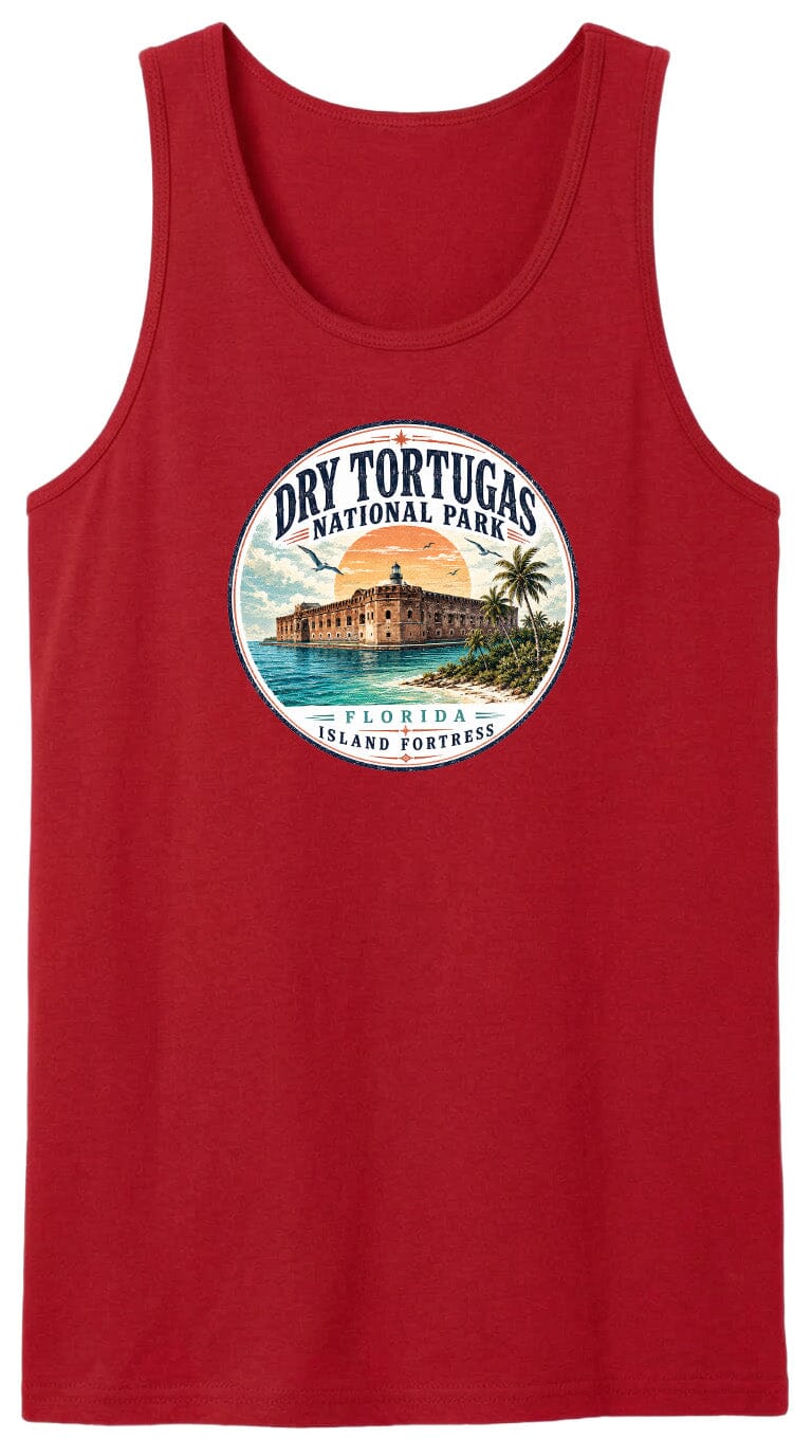 A red tank top with a circular design featuring a building and palm trees, along with the text "Dry Tortugas National Park, Florida Island Fortresses".