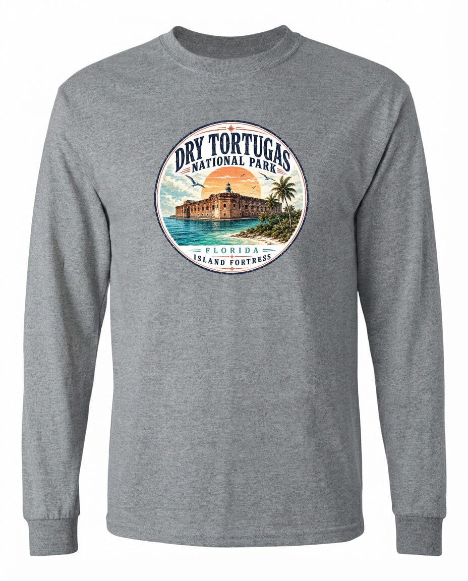 A gray long-sleeved shirt with a circular design featuring a tropical island and a lighthouse, along with the text "Dry Tortugas National Park, Florida Island Fortresses".