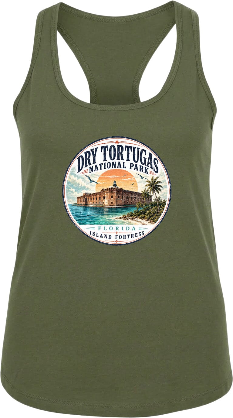 A green tank top with a circular graphic design featuring the Dry Tortugas National Park in Florida, including a building and palm trees.