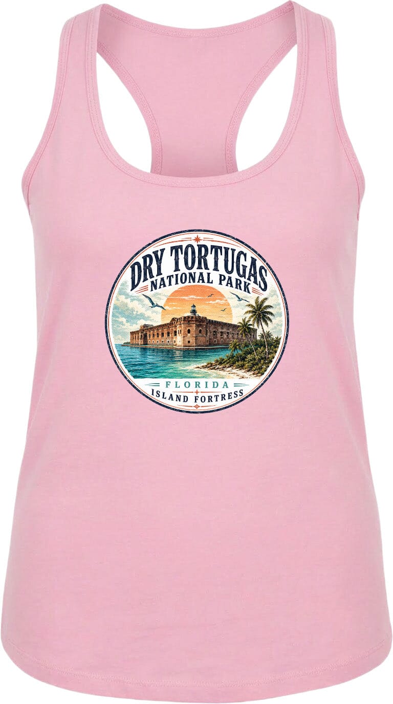 A pink tank top with a circular graphic design featuring the Dry Tortugas National Park in Florida, including a building and palm trees.