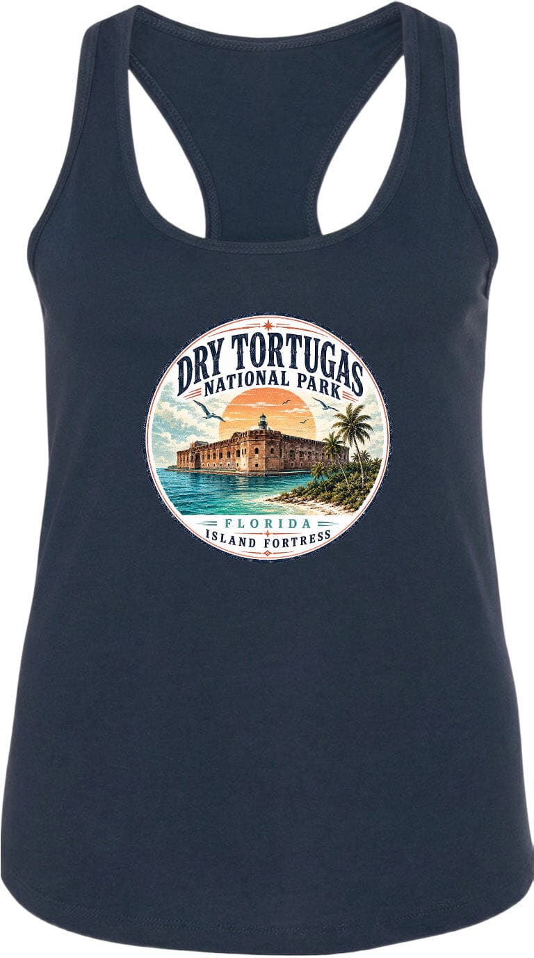 A graphic design on a dark tank top featuring a circular emblem with a building and palm trees, surrounded by text that says "Dry Tortugas National Park, Florida Island Fortress".