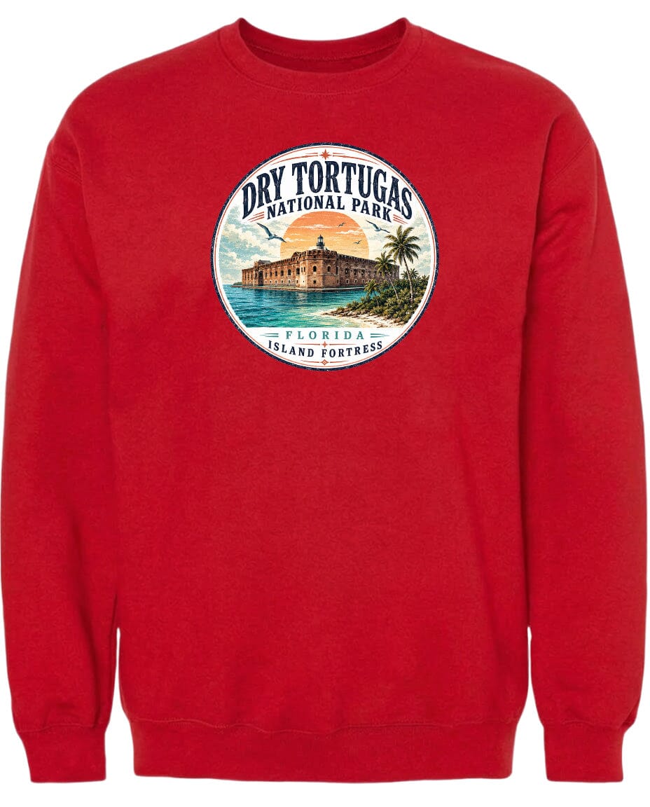 A red sweatshirt with a circular design featuring a building and palm trees, along with the text "Dry Tortugas National Park, Florida Island Fortress".