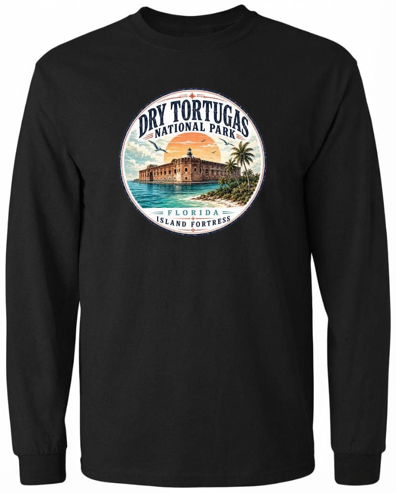 A circular graphic on a black shirt featuring a tropical island with palm trees, a building, and a sunset.