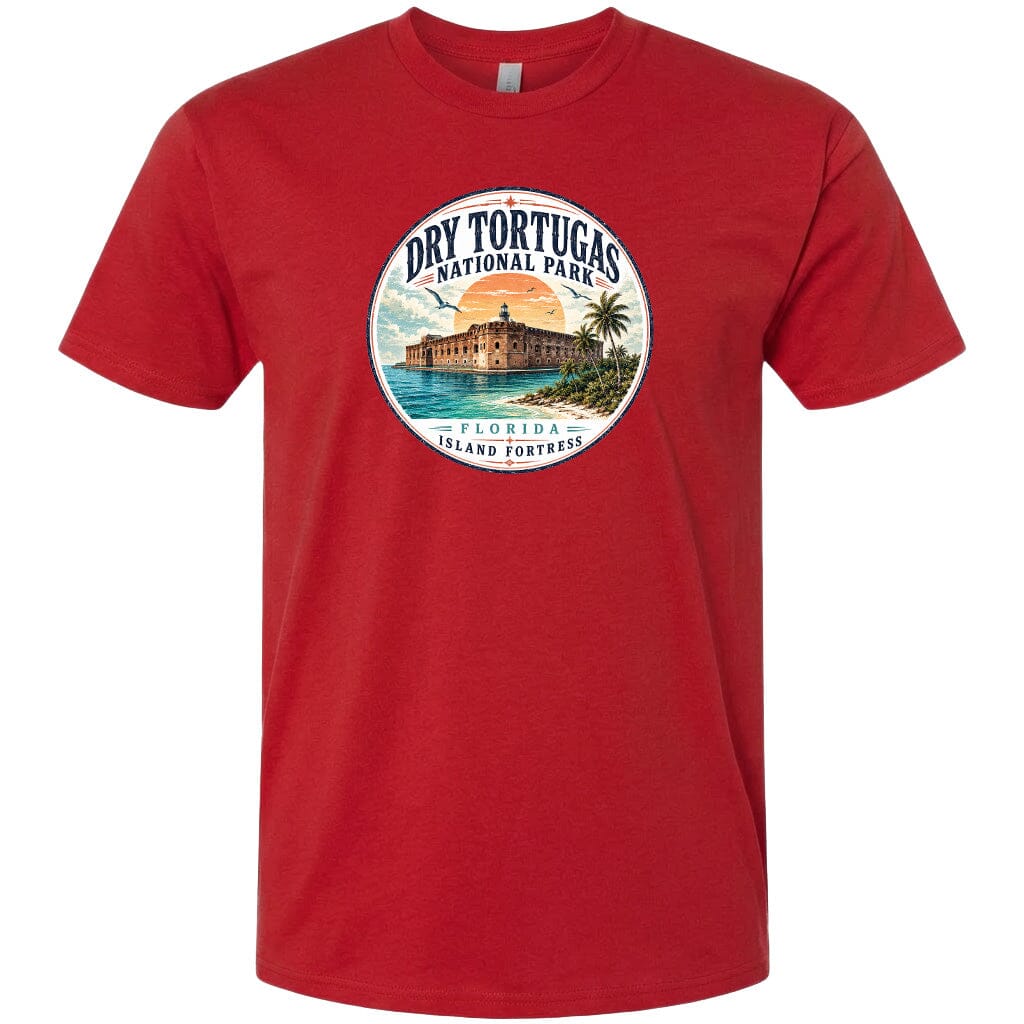 A red t-shirt with a circular graphic design featuring a tropical beach scene with a building and palm trees.