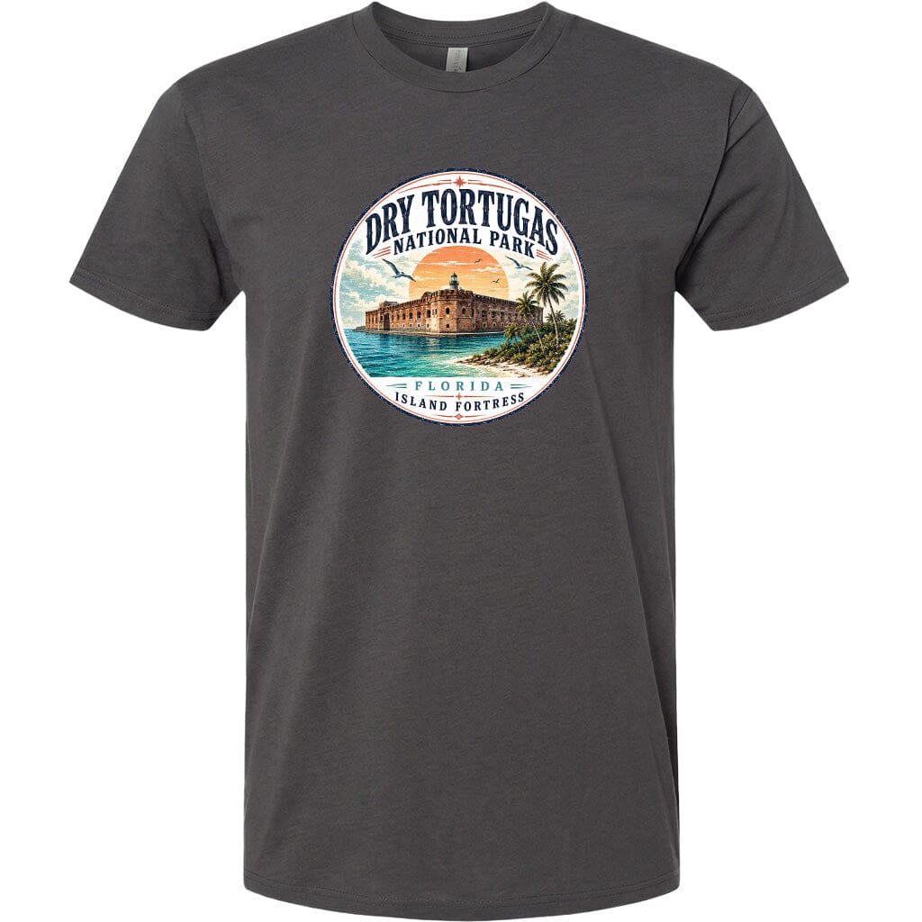 A t-shirt with a circular graphic design featuring a tropical beach scene with a building and palm trees.
