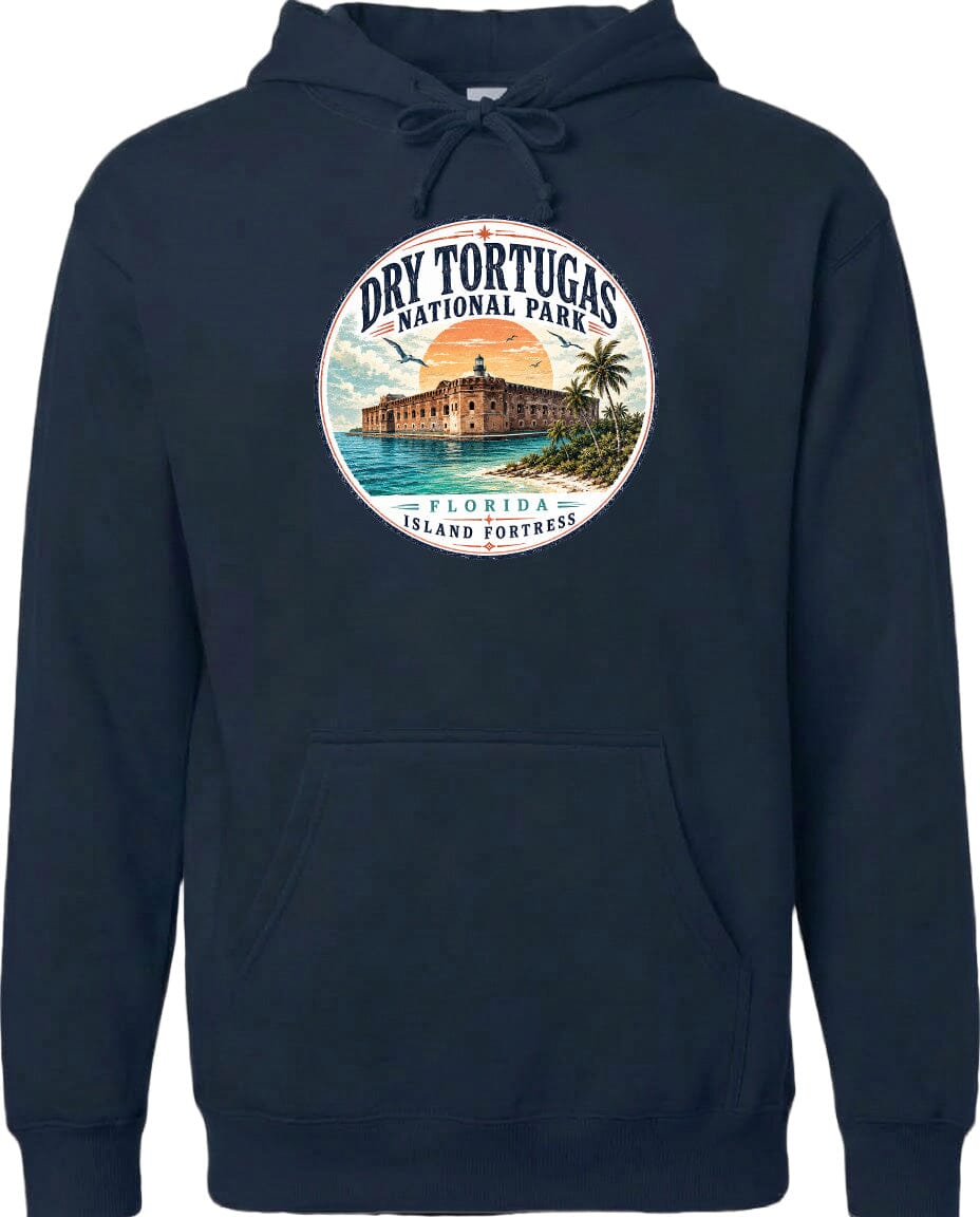 A navy blue hoodie with a circular design featuring a tropical island and a building, along with the text "Dry Tortugas National Park, Florida Island Fortress".