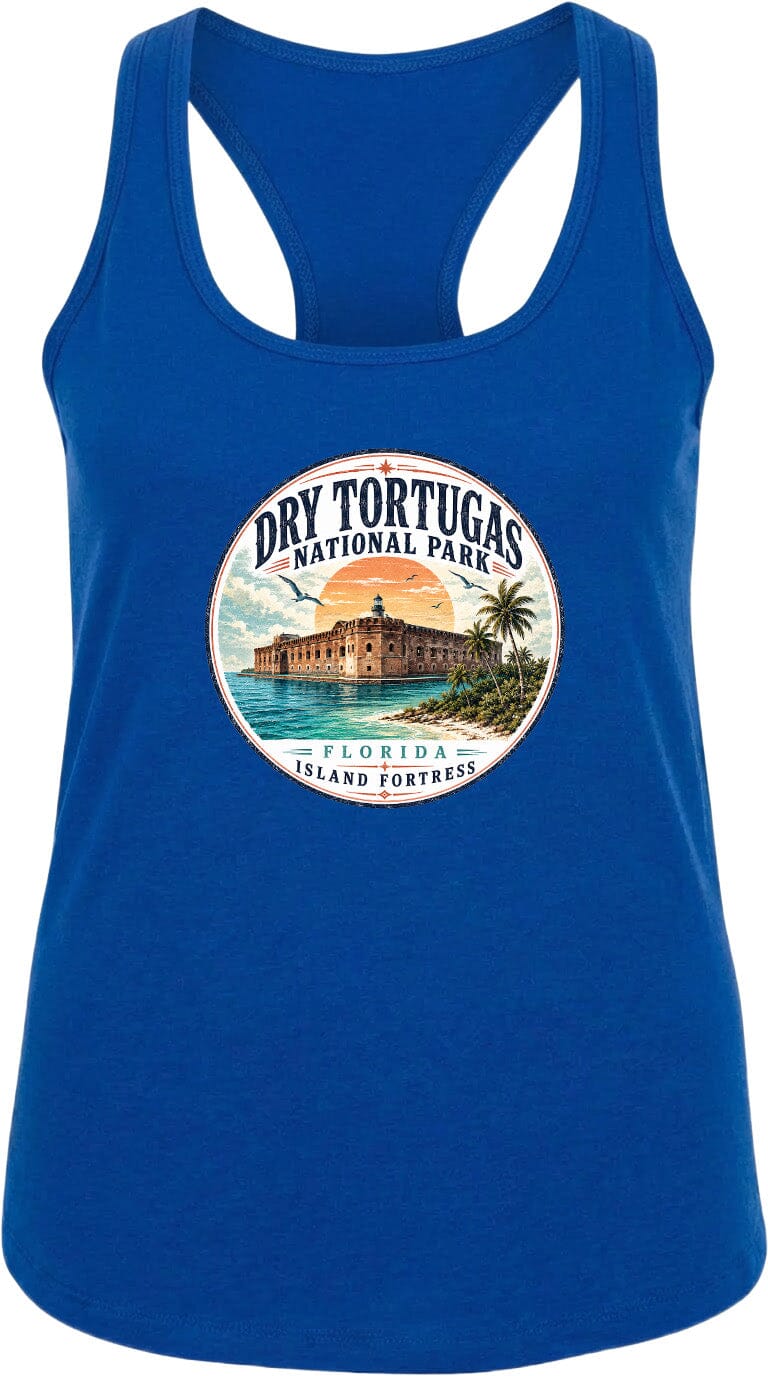A blue tank top with a circular graphic design featuring the Dry Tortugas National Park in Florida, including a building and palm trees.
