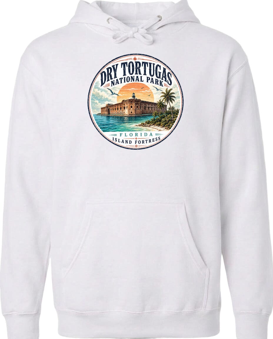 A white hoodie with a circular design featuring a tropical island and a building, along with the text "Dry Tortugas National Park, Florida Island Fortress".