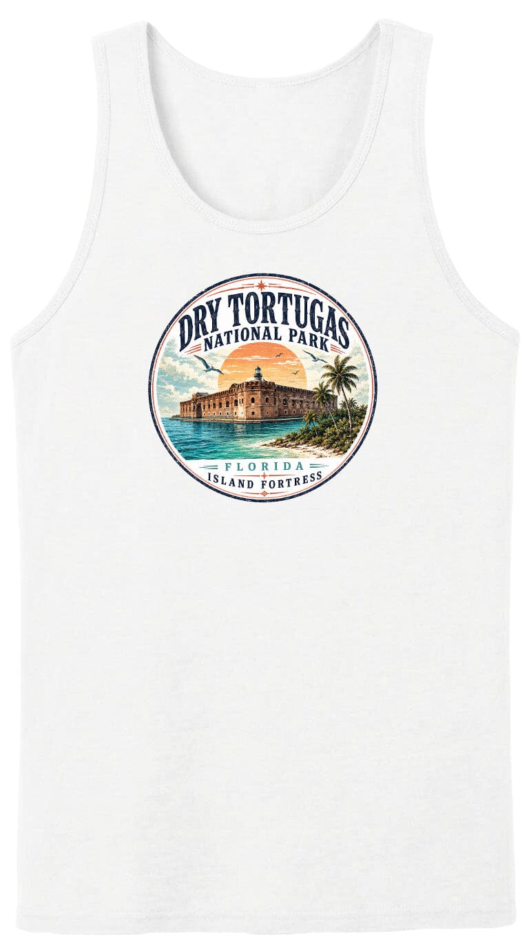 A white tank top with a circular graphic design featuring a building and palm trees, along with the text "Dry Tortugas National Park, Florida Island Fortress".