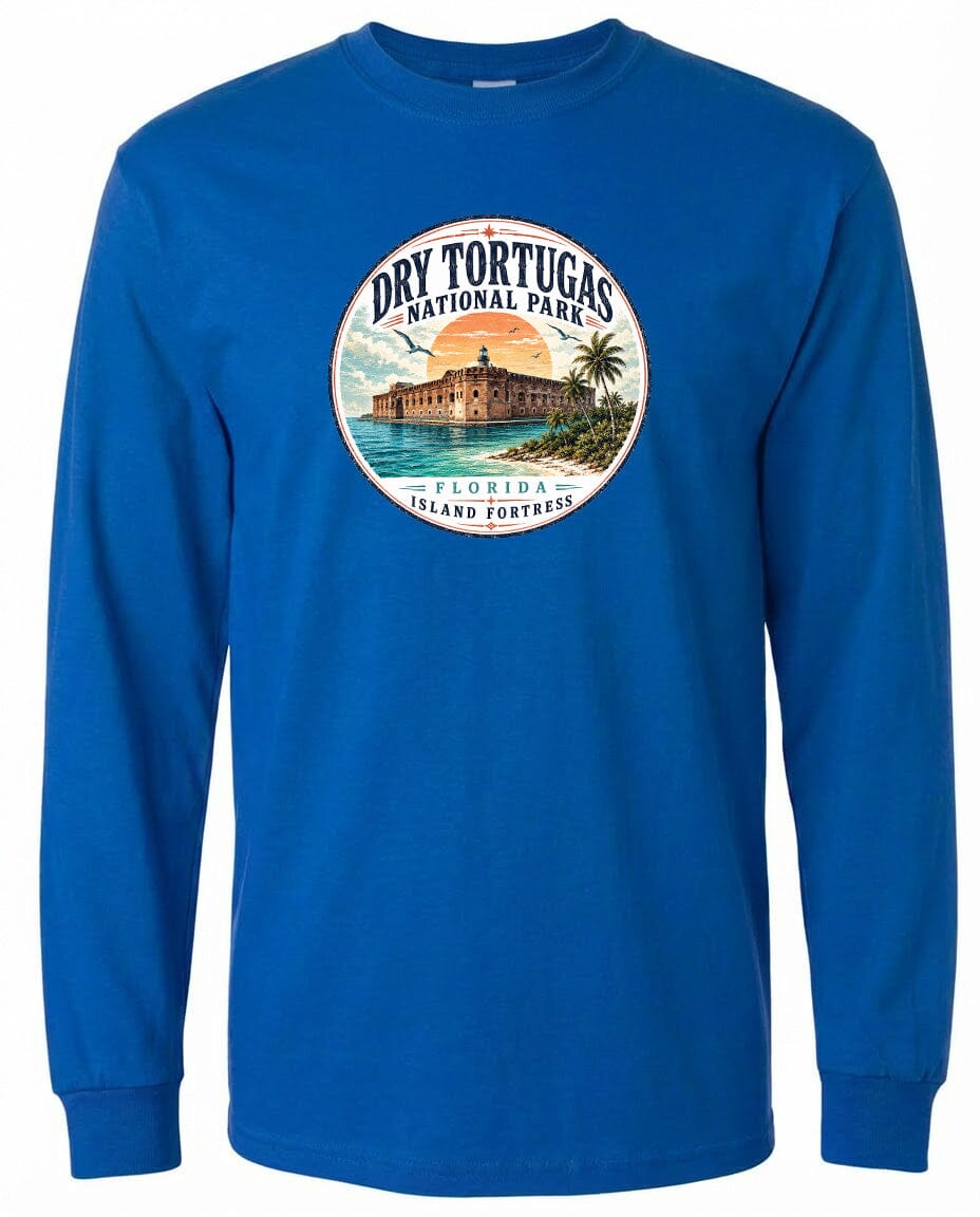A blue long-sleeved t-shirt with a circular graphic design featuring a building and palm trees, along with the text "Dry Tortugas National Park, Florida Island Fortress".