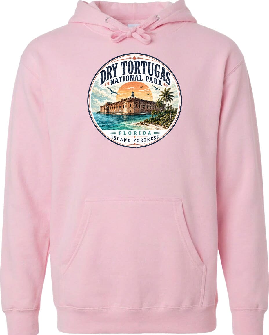A pink hoodie with a circular design featuring a tropical island and a building, along with the text "Dry Tortugas National Park, Florida Island Fortresses".