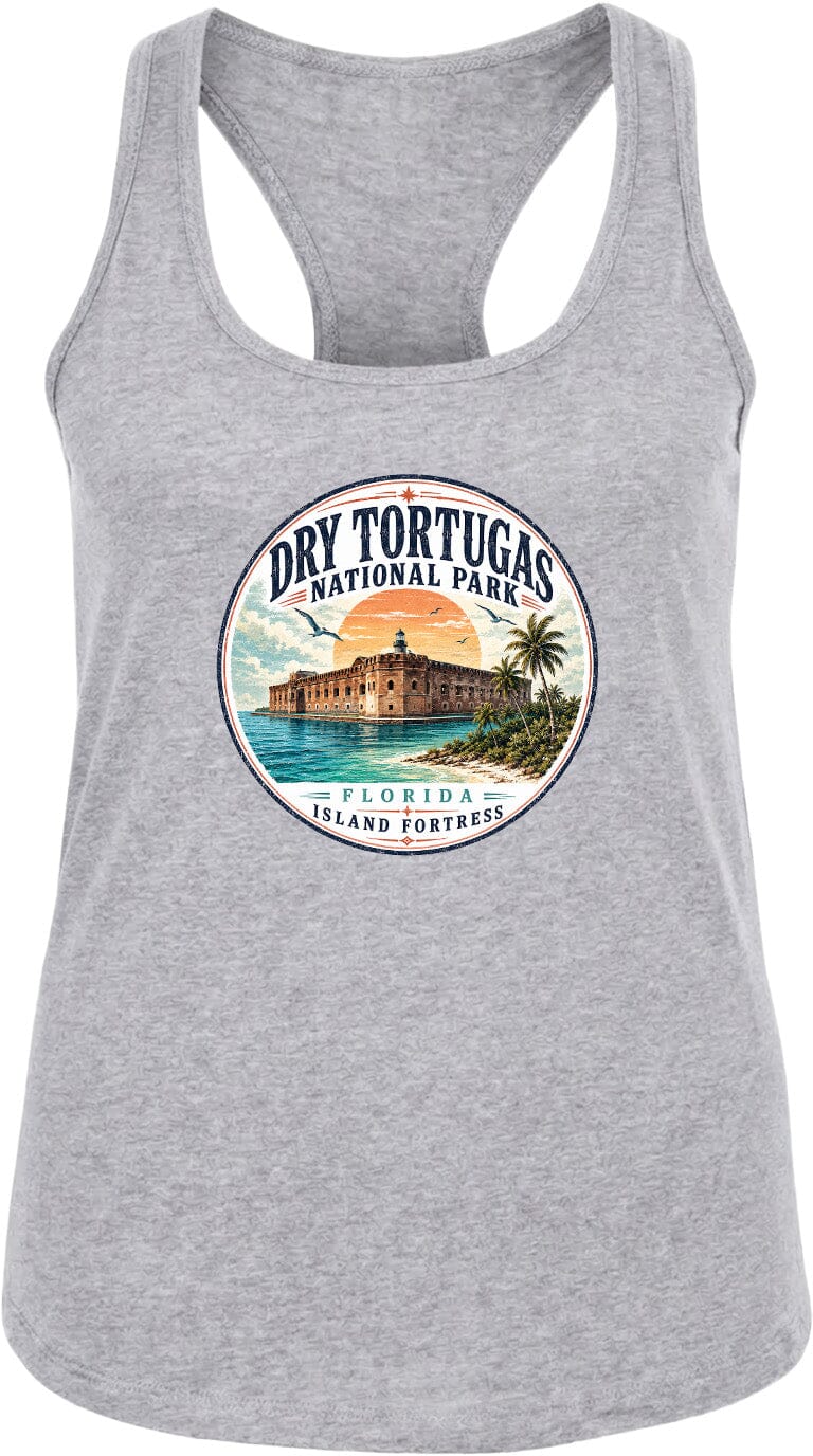 A gray tank top with a circular graphic design featuring the Dry Tortugas National Park in Florida, including a lighthouse and a tropical beach scene.
