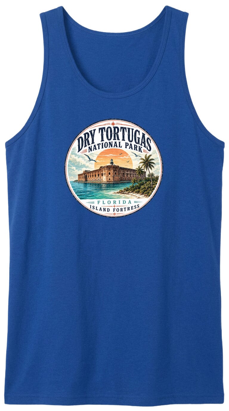 A blue tank top with a circular design featuring a tropical island and a building, along with the text "Dry Tortugas National Park, Florida Island Fortresses".