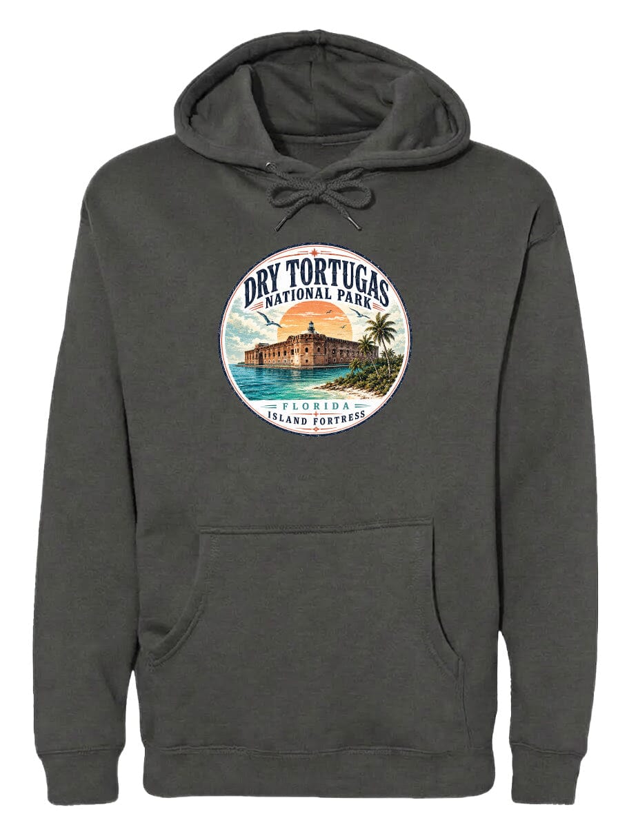A gray hoodie with a circular graphic design featuring a building and palm trees, along with the text "Dry Tortugas National Park" and "Island Fortress".