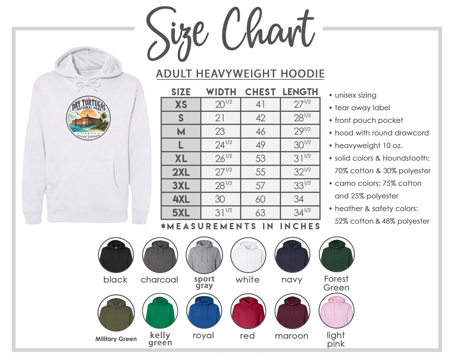 The image is a size chart for an adult heavyweight hoodie, including various color options and measurements in inches.