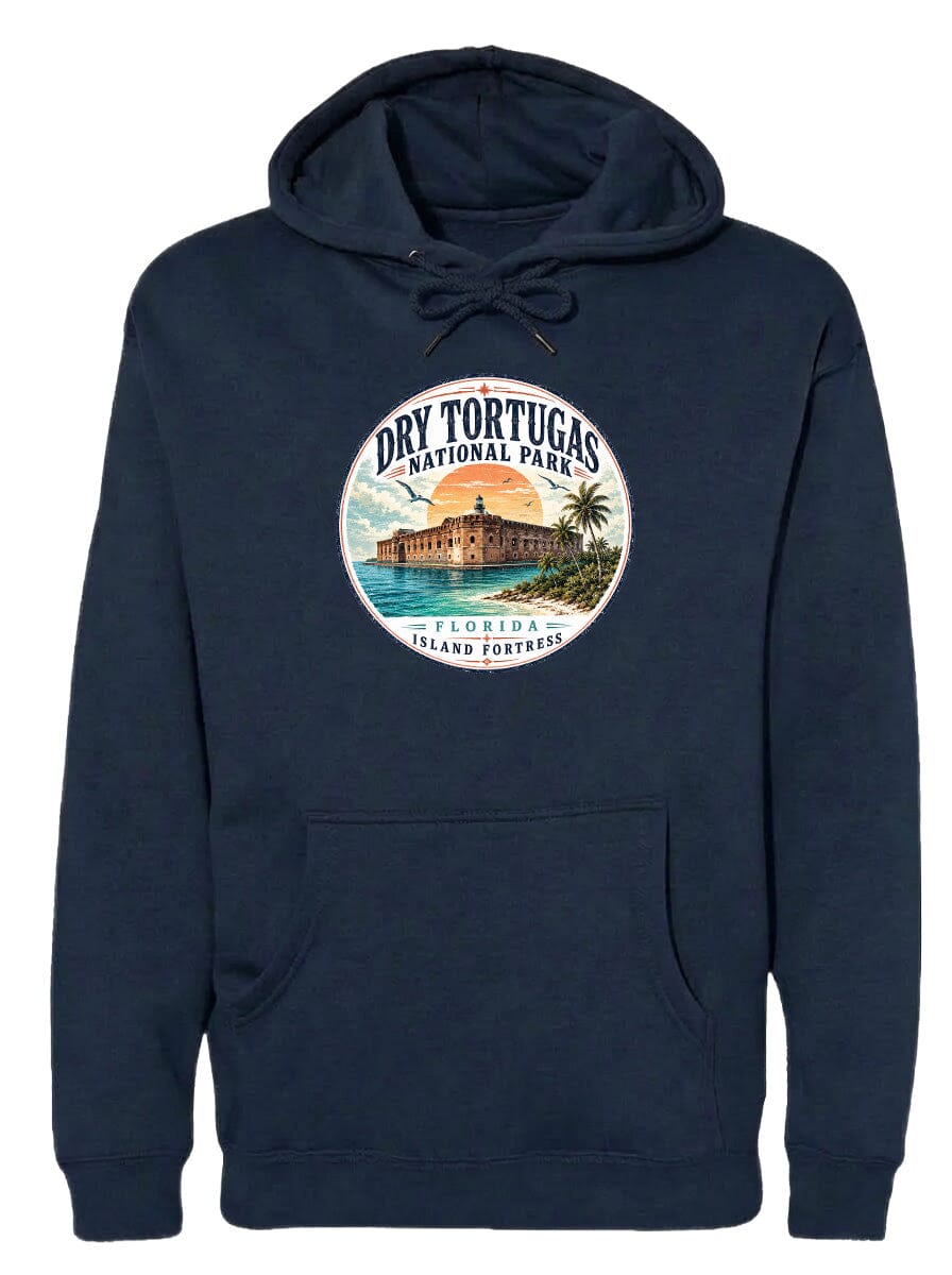 A navy blue hoodie with a circular logo featuring a tropical island with a castle, palm trees, and a sunset.