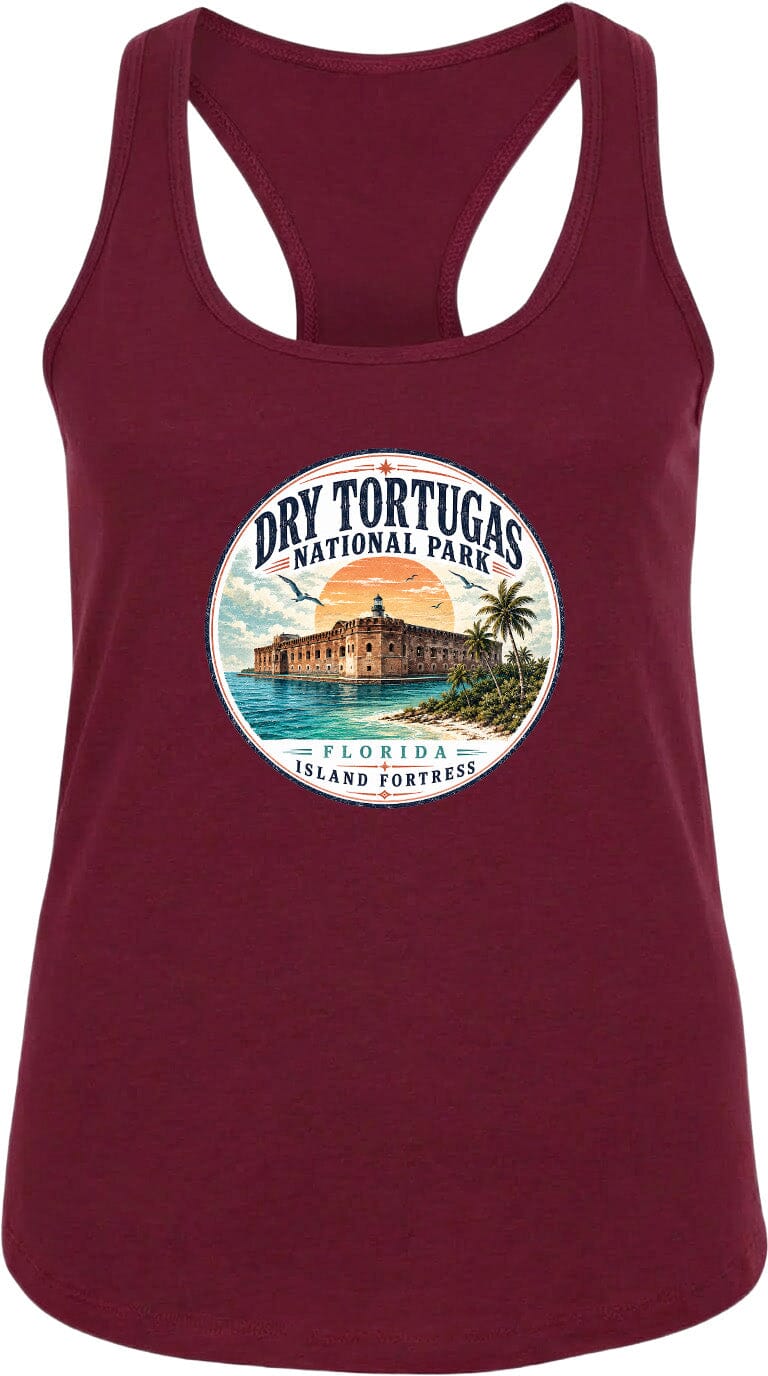 A red tank top with a circular graphic design featuring the Dry Tortugas National Park in Florida, including a building and palm trees.