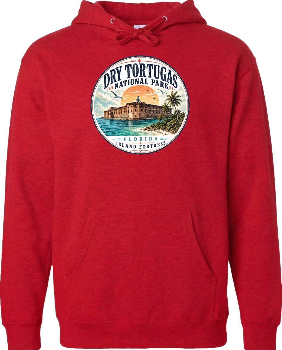 A red hoodie with a circular design featuring a tropical island and a building, along with the text "Dry Tortugas National Park, Florida Island Fortress".