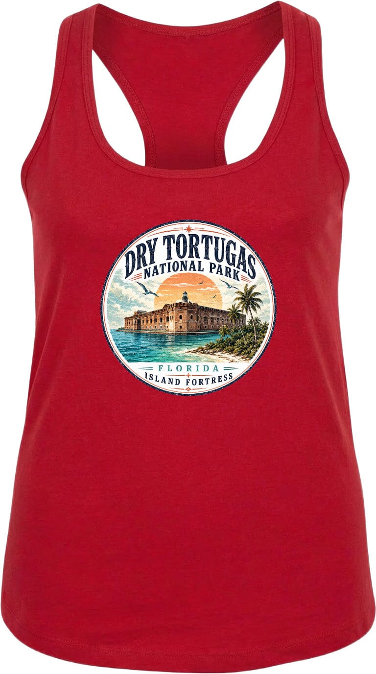 A red tank top with a circular graphic design featuring the Dry Tortugas National Park in Florida, including a building and palm trees.