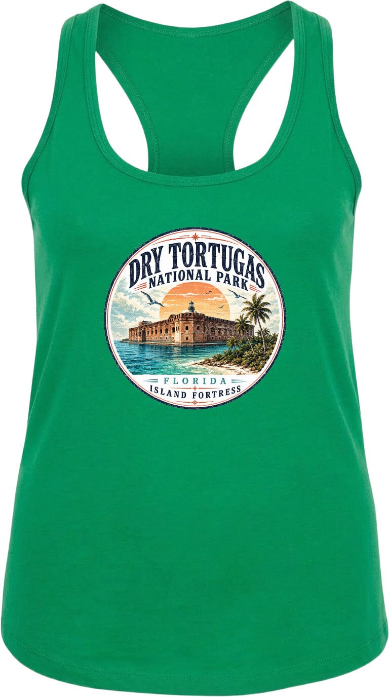 A green tank top with a circular graphic design featuring the Dry Tortugas National Park in Florida, including a building and palm trees.