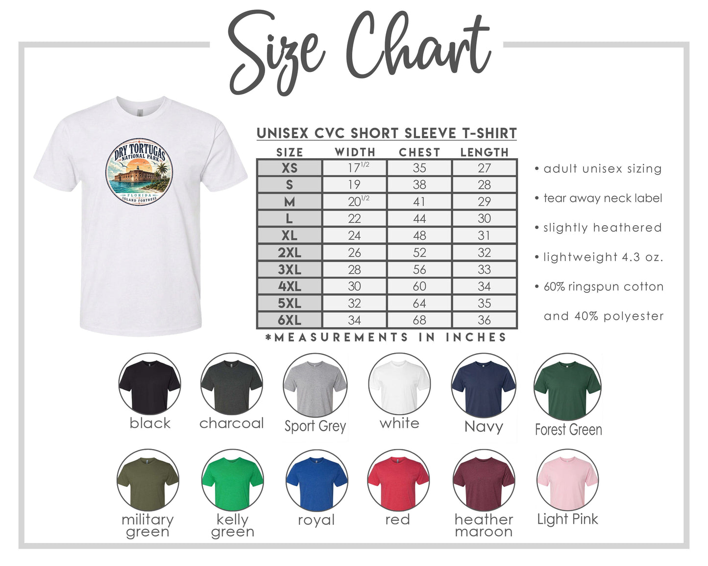 The image is a size chart for a white short sleeve t-shirt, including various color options and corresponding measurements in inches.