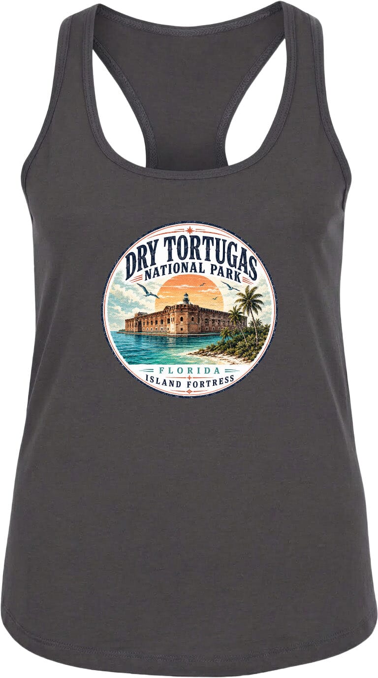 A graphic design on a gray tank top featuring the Dry Tortugas National Park in Florida, with a circular emblem displaying a building and palm trees.
