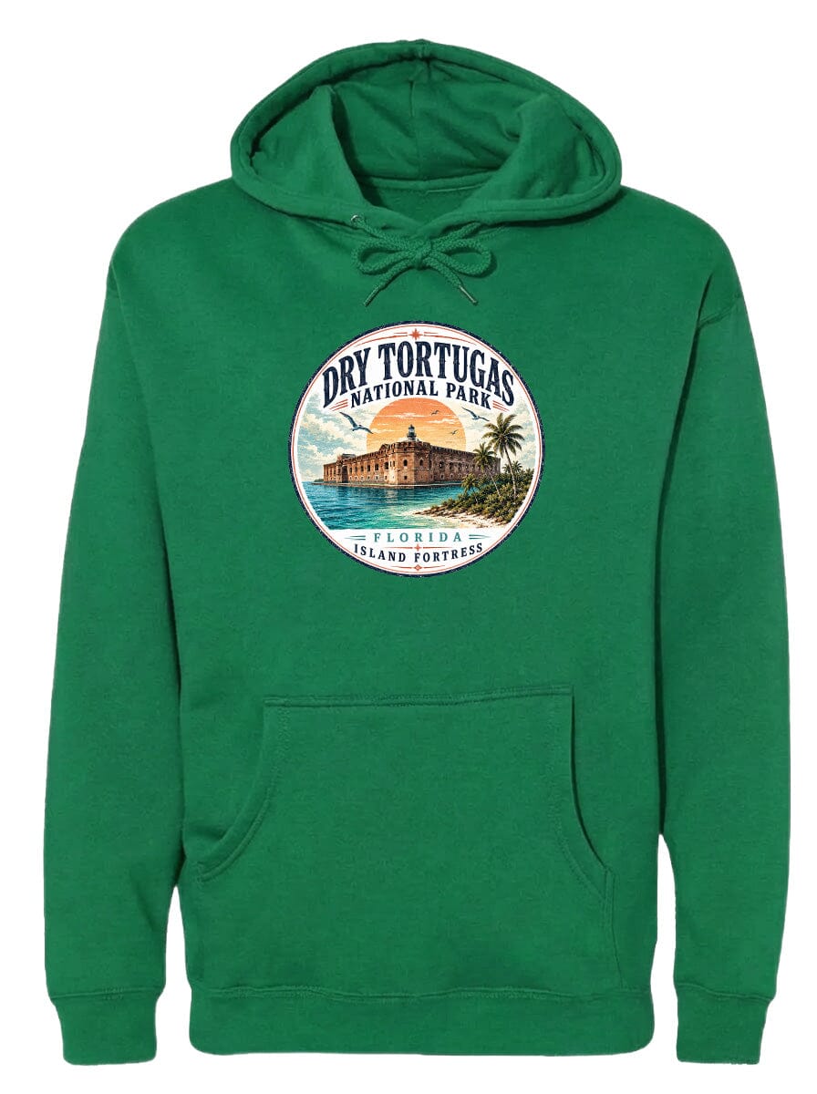 A green hoodie with a circular logo featuring a tropical island and a building.