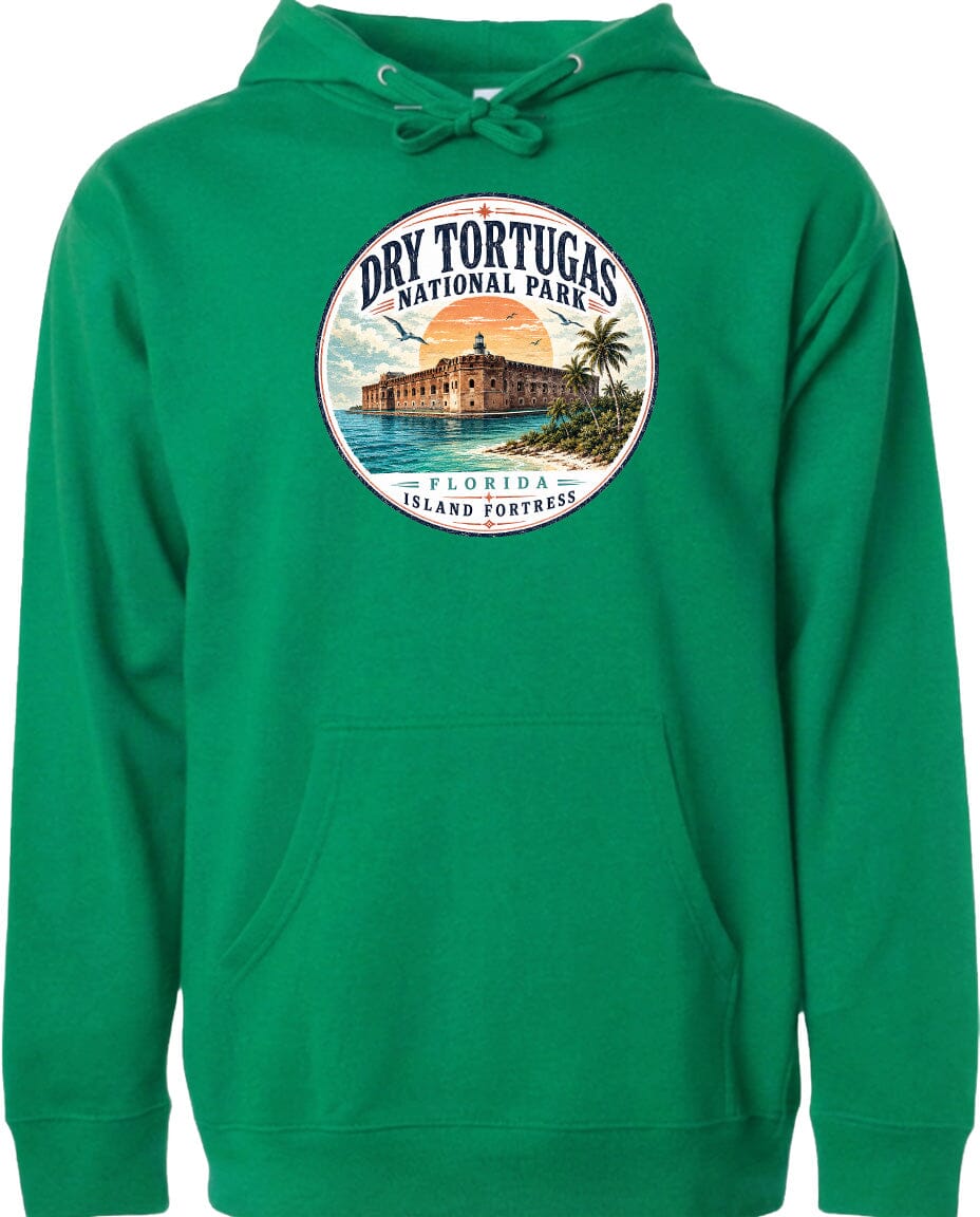 A green hoodie with a circular design featuring a tropical island and a building, along with the text "Dry Tortugas National Park, Florida Island Fortresses".