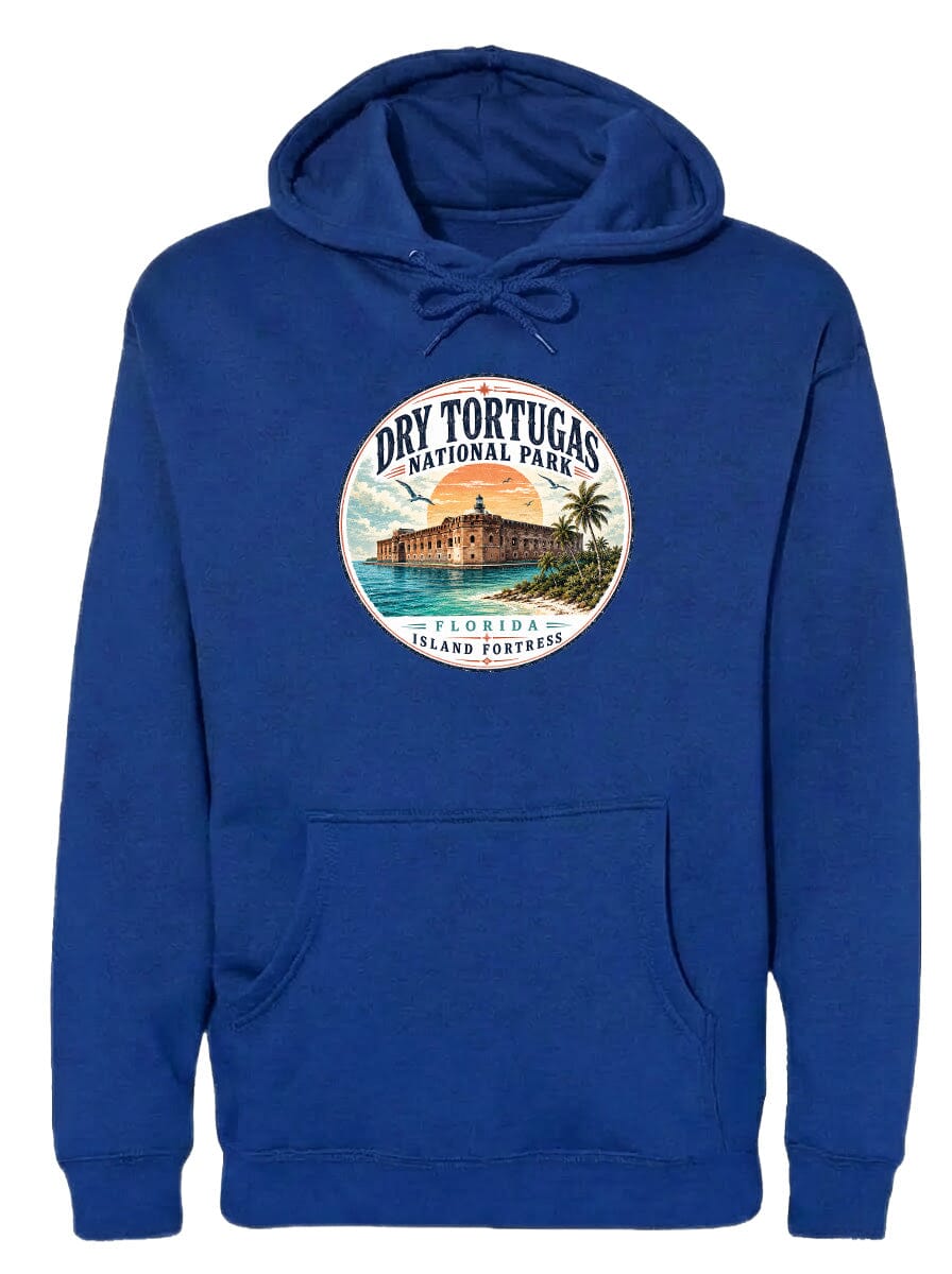 A blue hoodie with a circular graphic design featuring a building and palm trees, along with the text "Dry Tortugas National Park, Florida Island Fortress".
