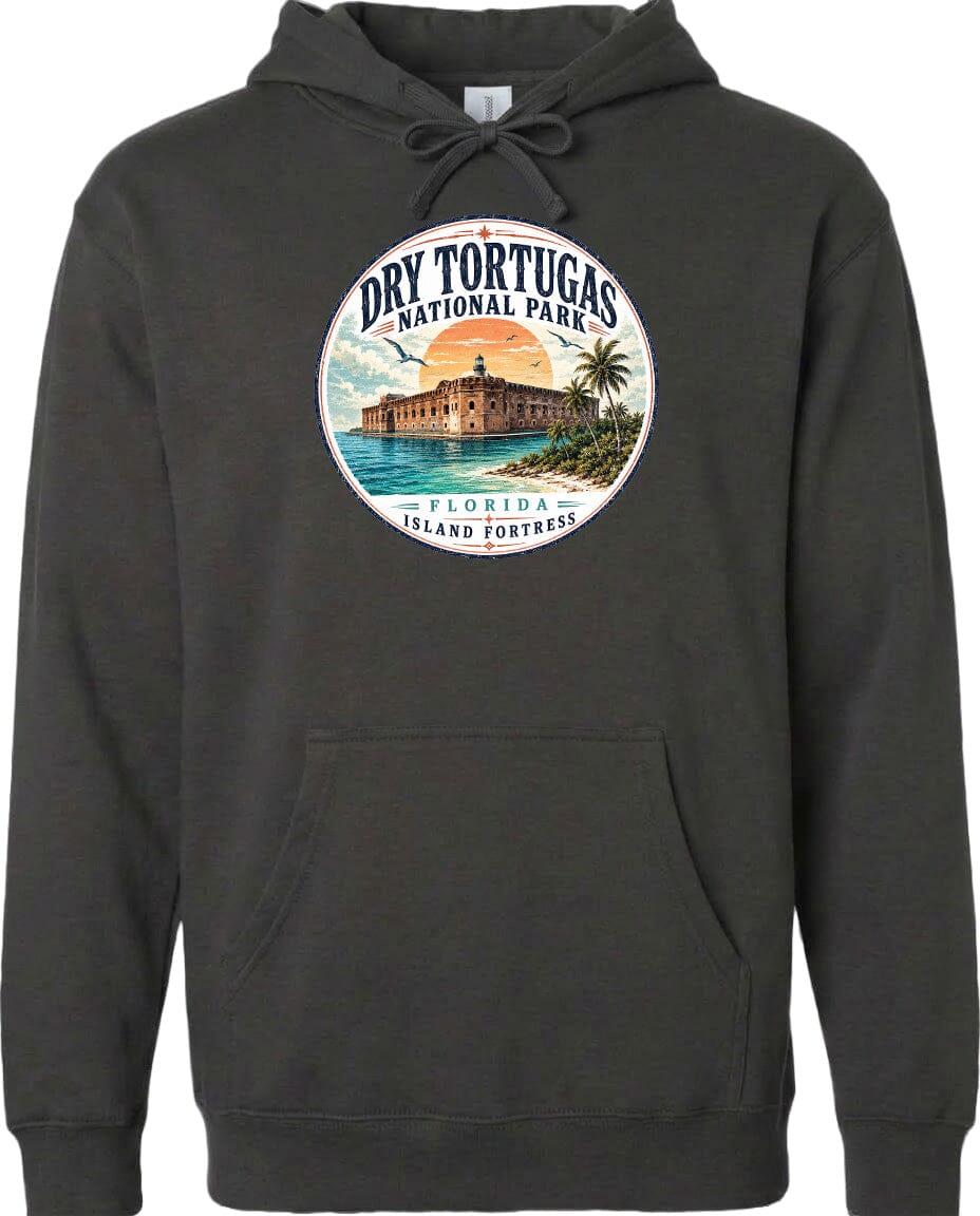 A hoodie with a circular design featuring a tropical island and a building, along with the text "Dry Tortugas National Park, Florida Island Fortress".