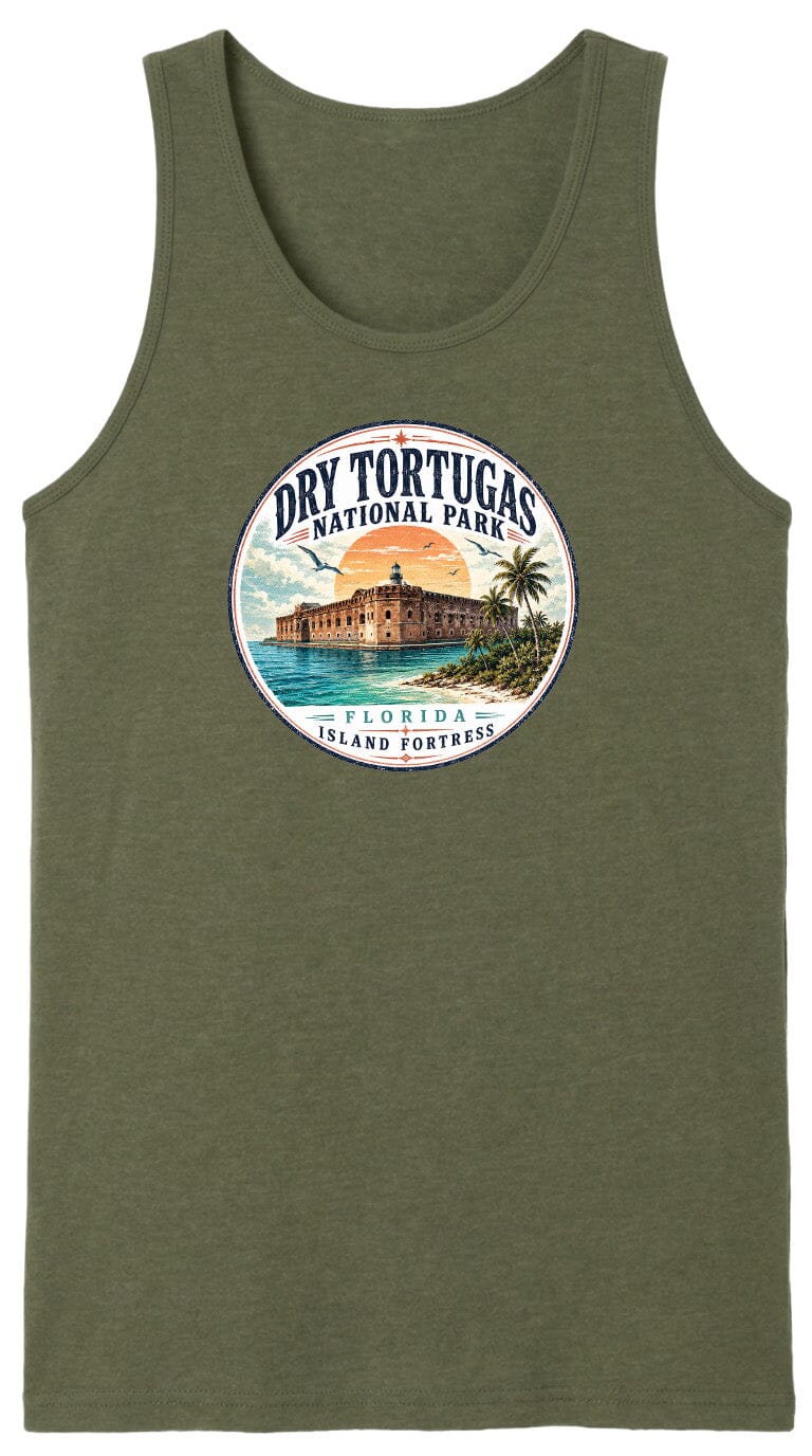 A green tank top with a circular design featuring a tropical island and a building, along with the text "Dry Tortugas National Park, Florida Island Fortresses".
