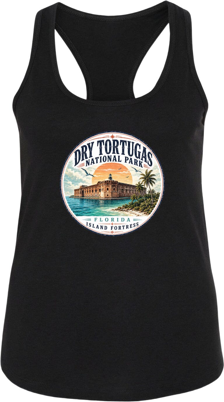 A black tank top with a circular graphic design featuring the Dry Tortugas National Park in Florida, including a building and palm trees.