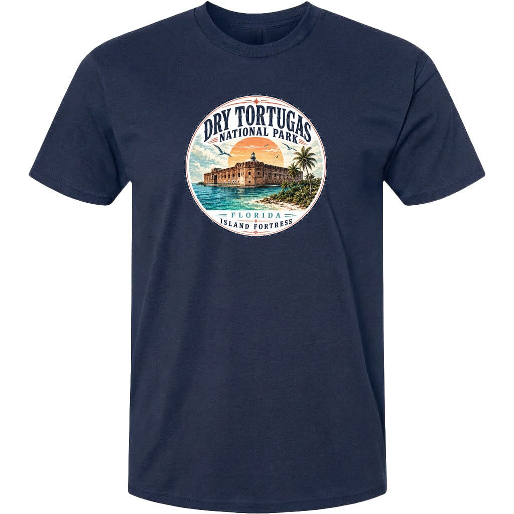 A t-shirt with a circular graphic design featuring a tropical beach scene with a building and palm trees.
