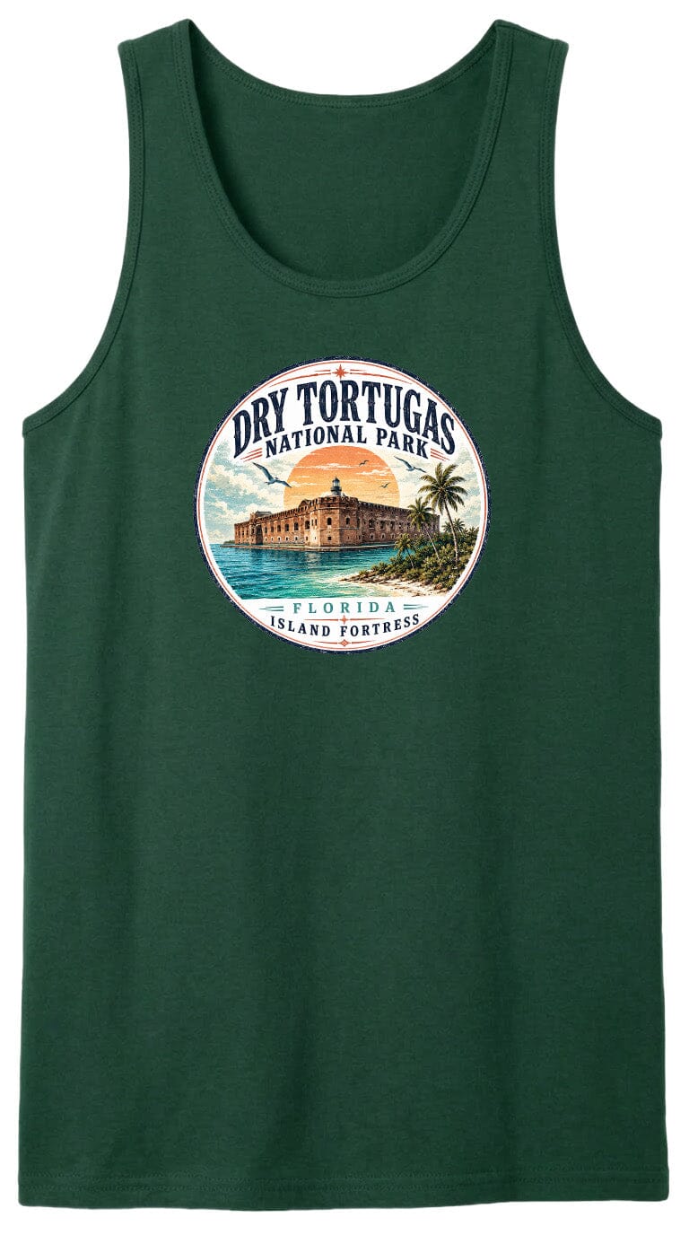 A green tank top with a circular graphic design featuring a building and palm trees, along with the text "Dry Tortugas National Park, Florida Island Fortresses".