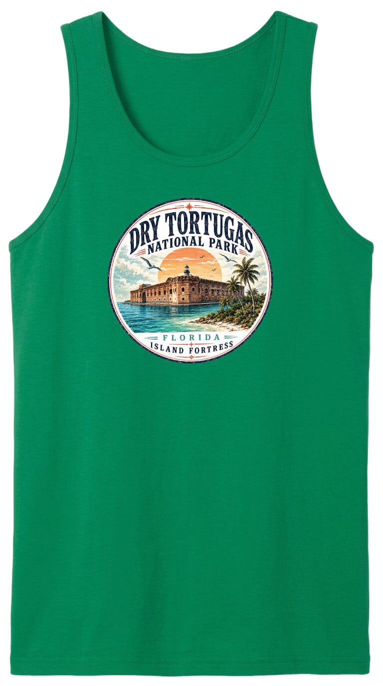 A green tank top with a circular design featuring a building and palm trees, along with the text "Dry Tortugas National Park, Florida Island Fortresses".
