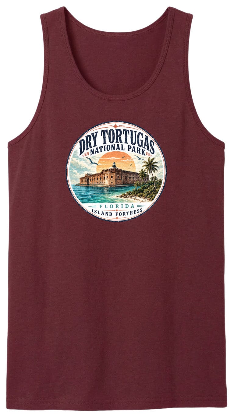 A red tank top with a circular design featuring a building and palm trees, along with the text "Dry Tortugas National Park, Florida Island Fortresses".
