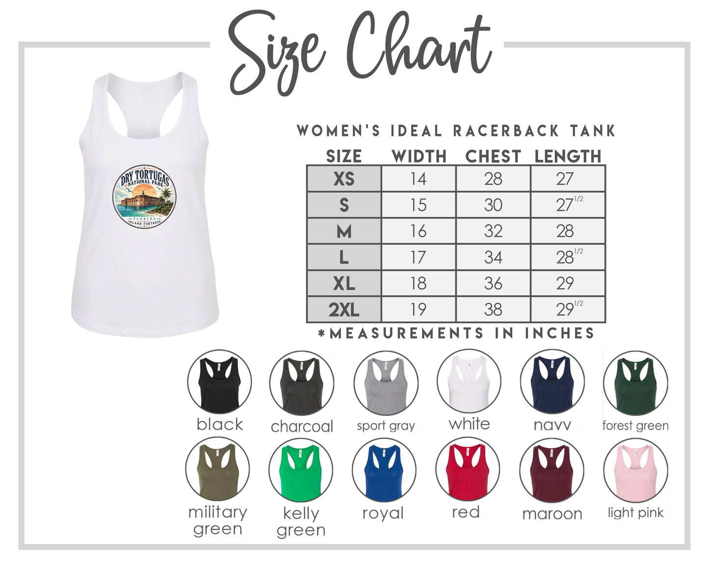 The image is a size chart for a women's ideal racerback tank, including a white tank with a graphic and a table with size and color options.