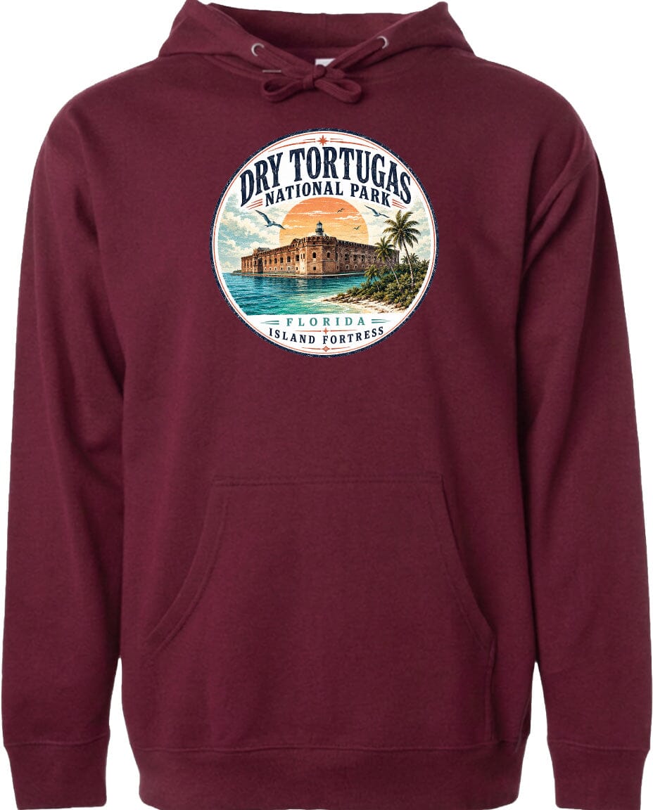 A hoodie with a circular design featuring a tropical island and a building, along with the text "Dry Tortugas National Park, Florida Island Fortress".