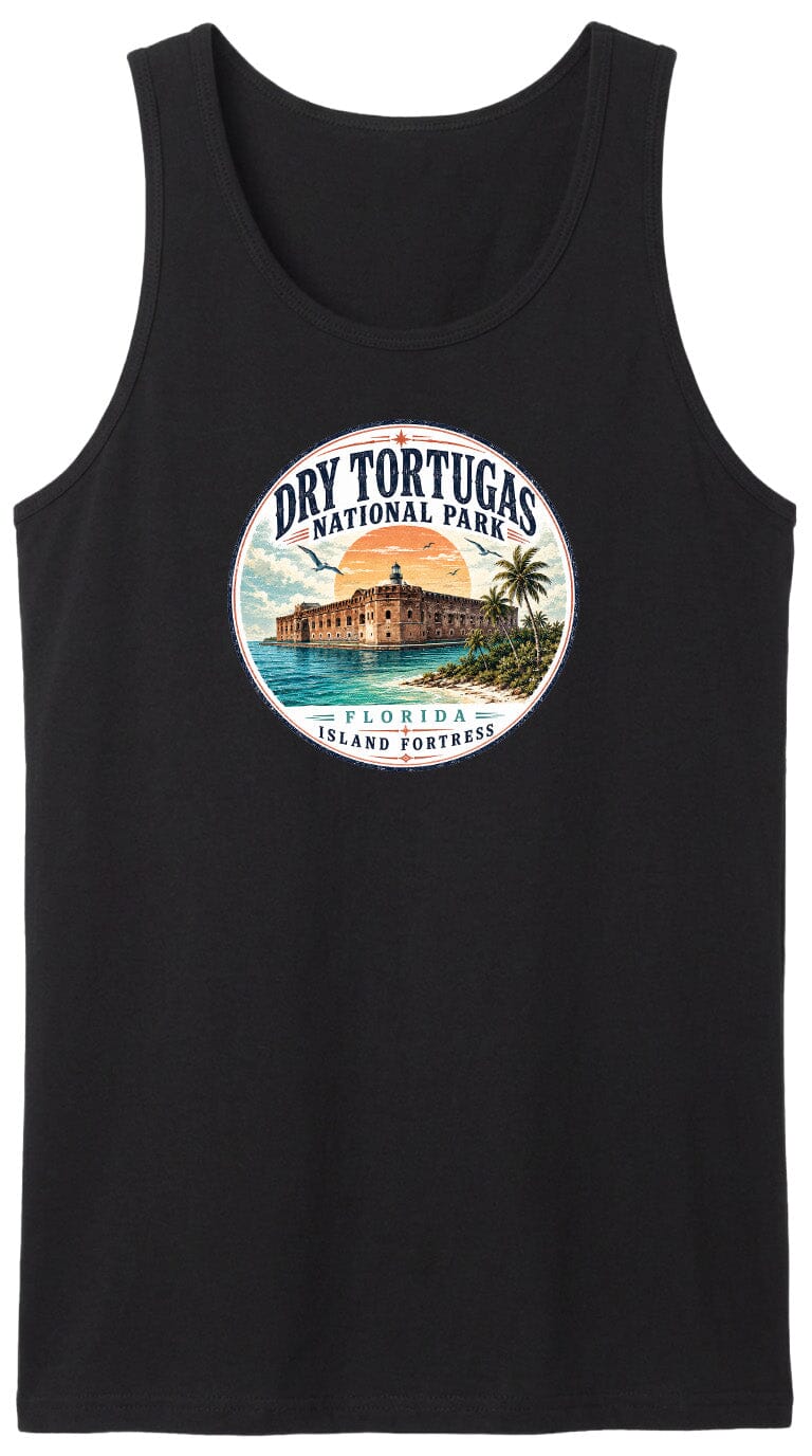 A black tank top with a circular design featuring a tropical island and a building, along with the text "Dry Tortugas National Park, Florida Island Fortress".