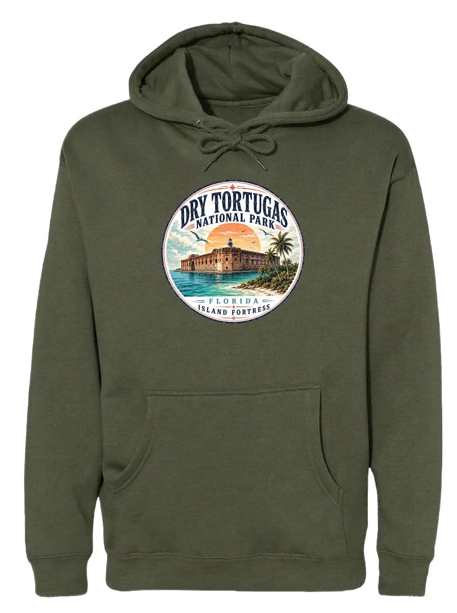 A green hoodie with a circular logo featuring a tropical island with a castle, palm trees, and a sunset.