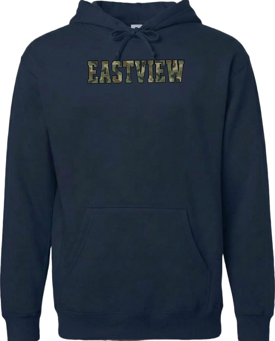 A navy blue hoodie with the word "EASTVIEW" printed on it in a camouflage pattern.