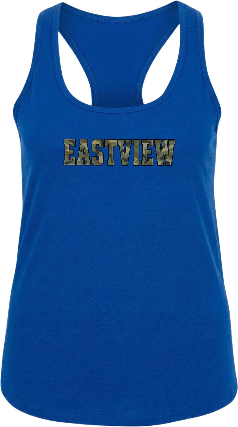 A blue tank top with the word "EASTVIEW" printed on it.