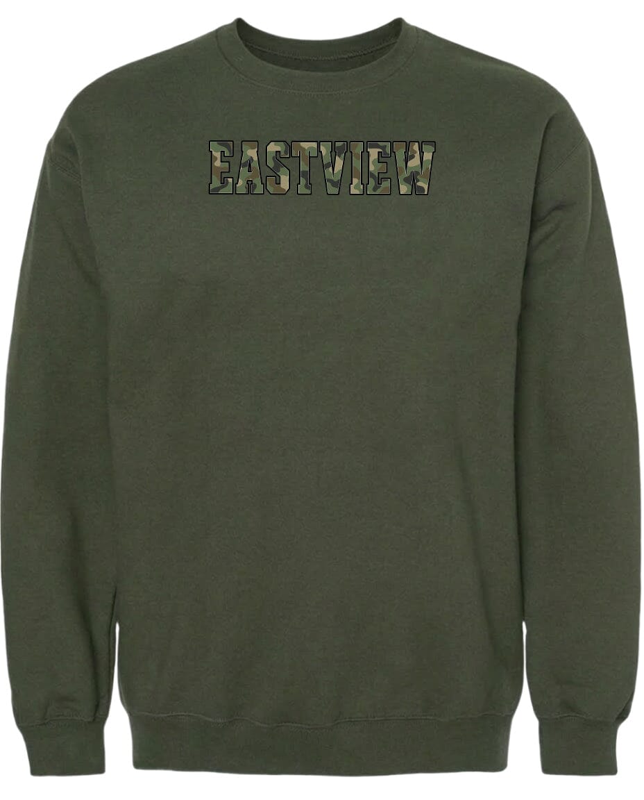 A dark green sweatshirt with the word "EASTVIEW" printed on it in a camouflage pattern.